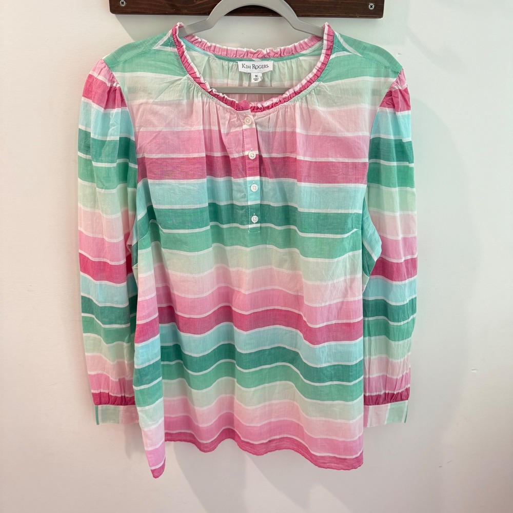 Kim Rogers Womens 1X Pink Green  Striped Cotton‎ Ruffle Neck Blouse Semi Sheer